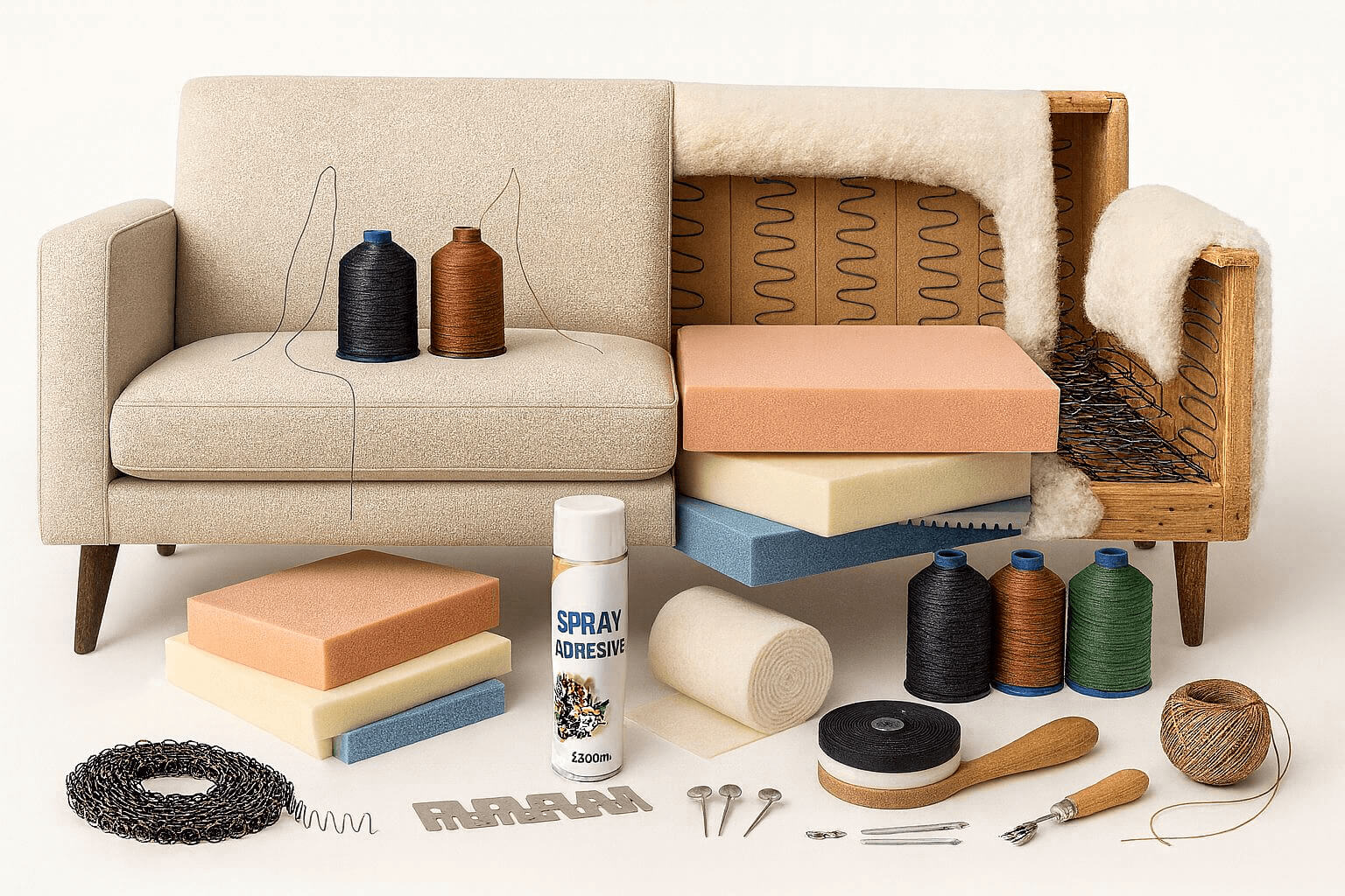 Foam cushions, upholstery supplies and tools laid out in the Intercounty Supplies workshop